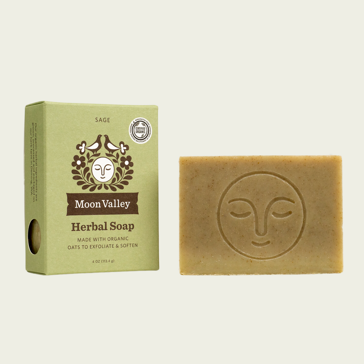 Moon Valley Organics Herbal Soap Bar Sage Front Box and Bar