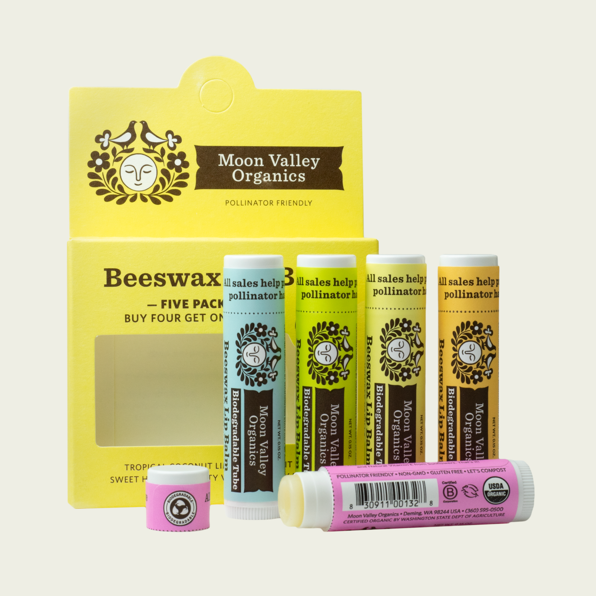Organic Beeswax Herbal Lip Balm 5-Pack (Buy 4-Get-1-Free!)