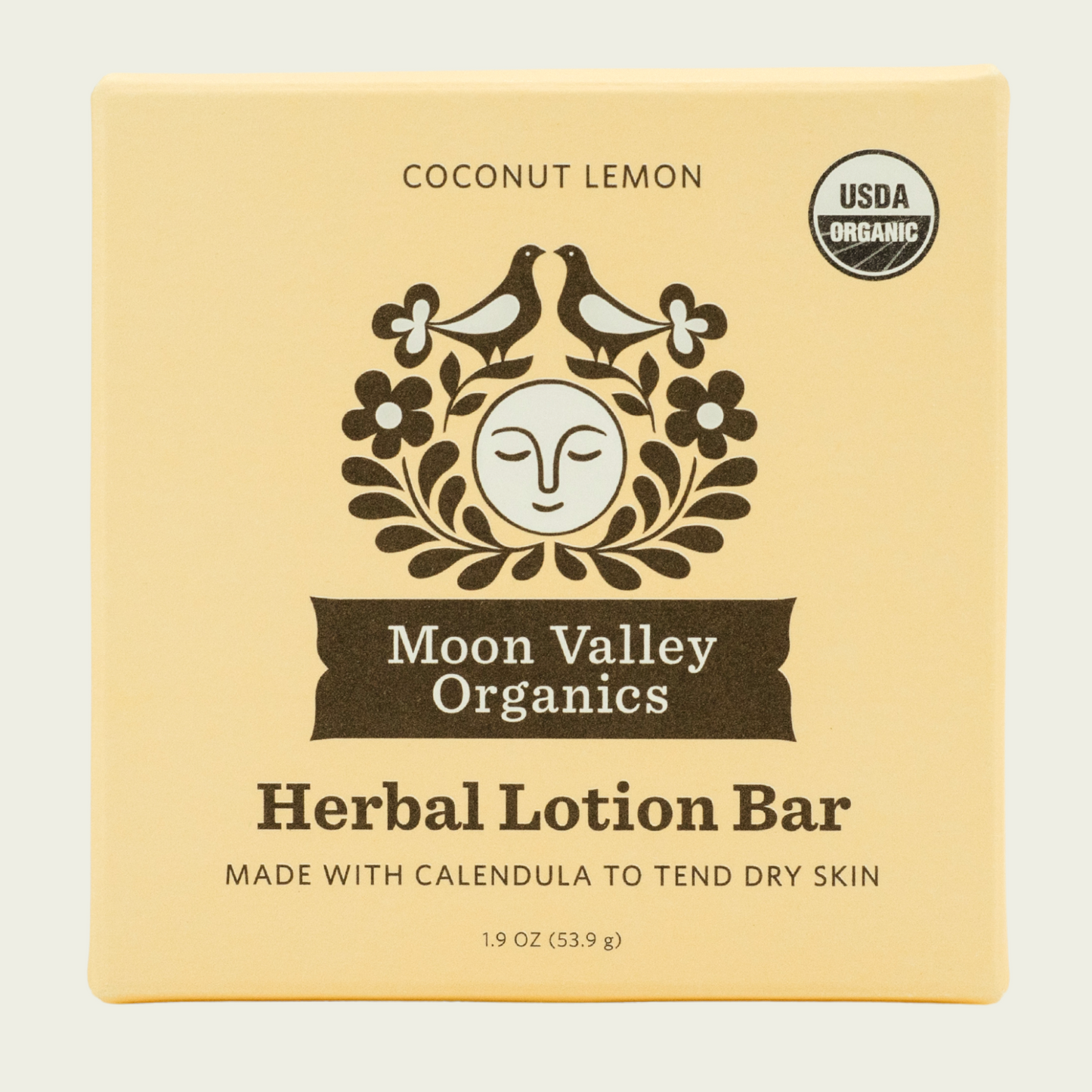 Moon Valley Organics Herbal Lotion Bar Coconut Lemon Front Box
