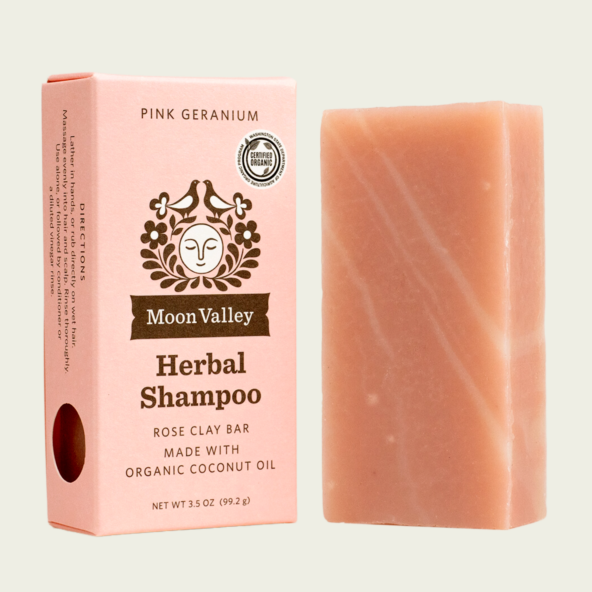 Moon Valley Organics Herbal Shampoo Bar Front Box and Bar Pink Geranium