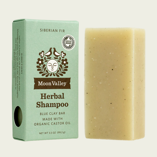 Moon Valley Organics Herbal Shampoo Bar Front Box and Bar Siberian Fir