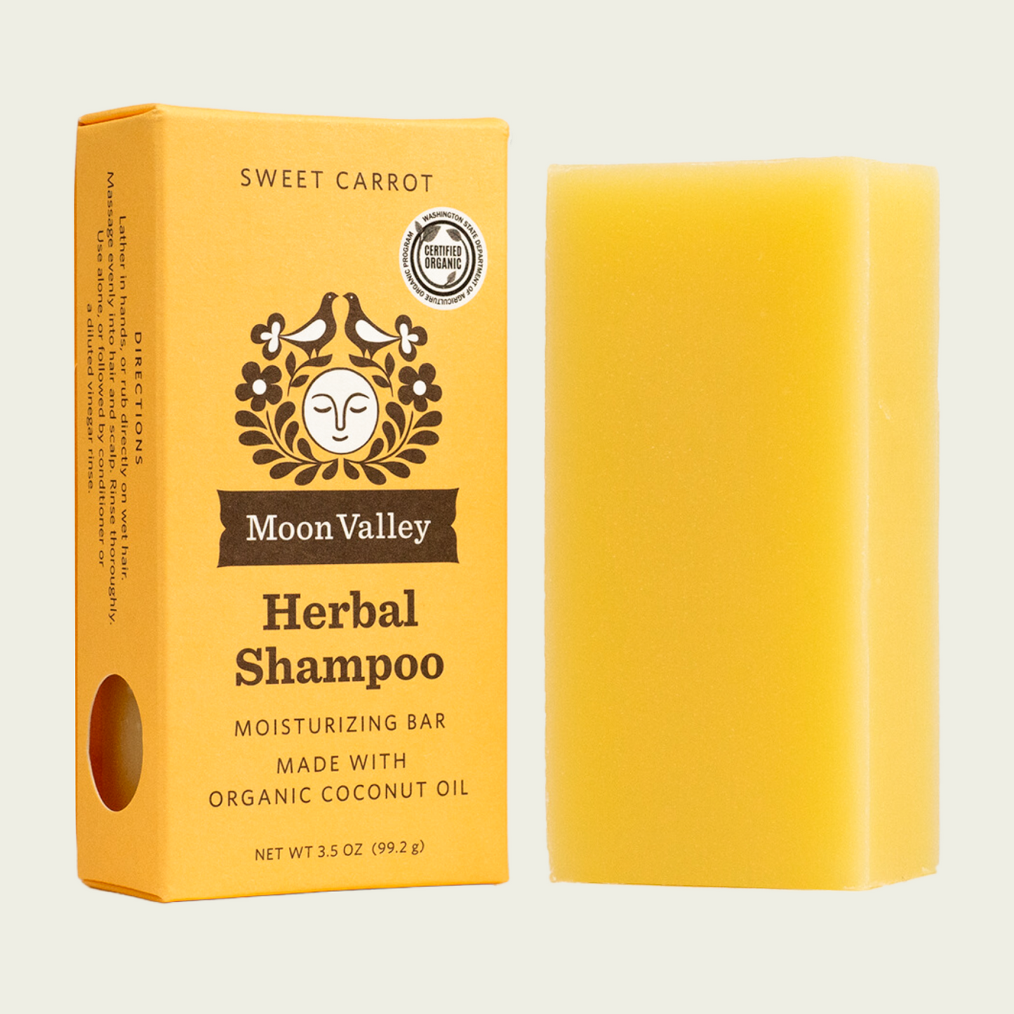 Moon Valley Organics Herbal Shampoo Bar Front Box and Bar Sweet Carrot