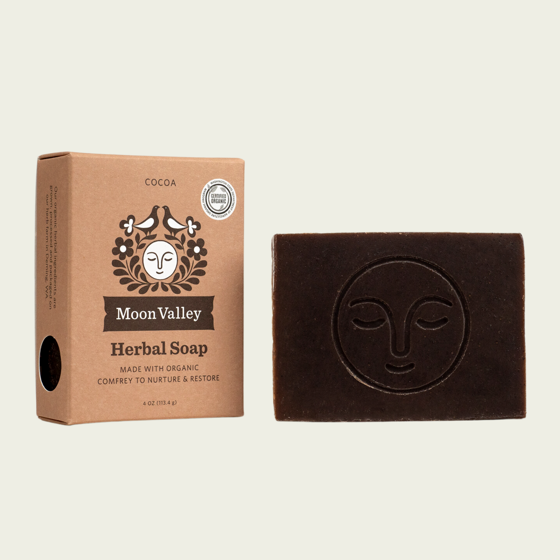 Moon Valley Organics Herbal Soap Bar Cocoa Front Box and Bar