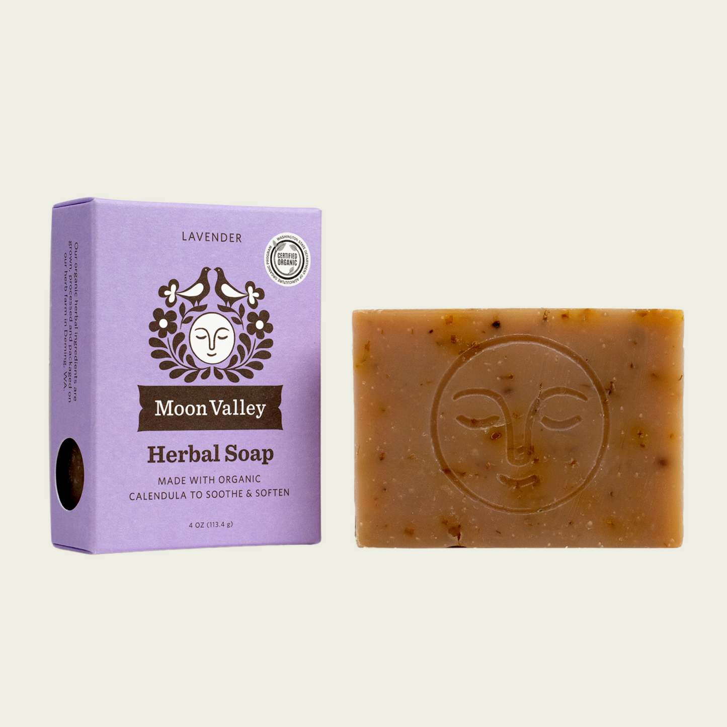 Moon Valley Organics Herbal Soap Bar Lavender Front Box and Bar