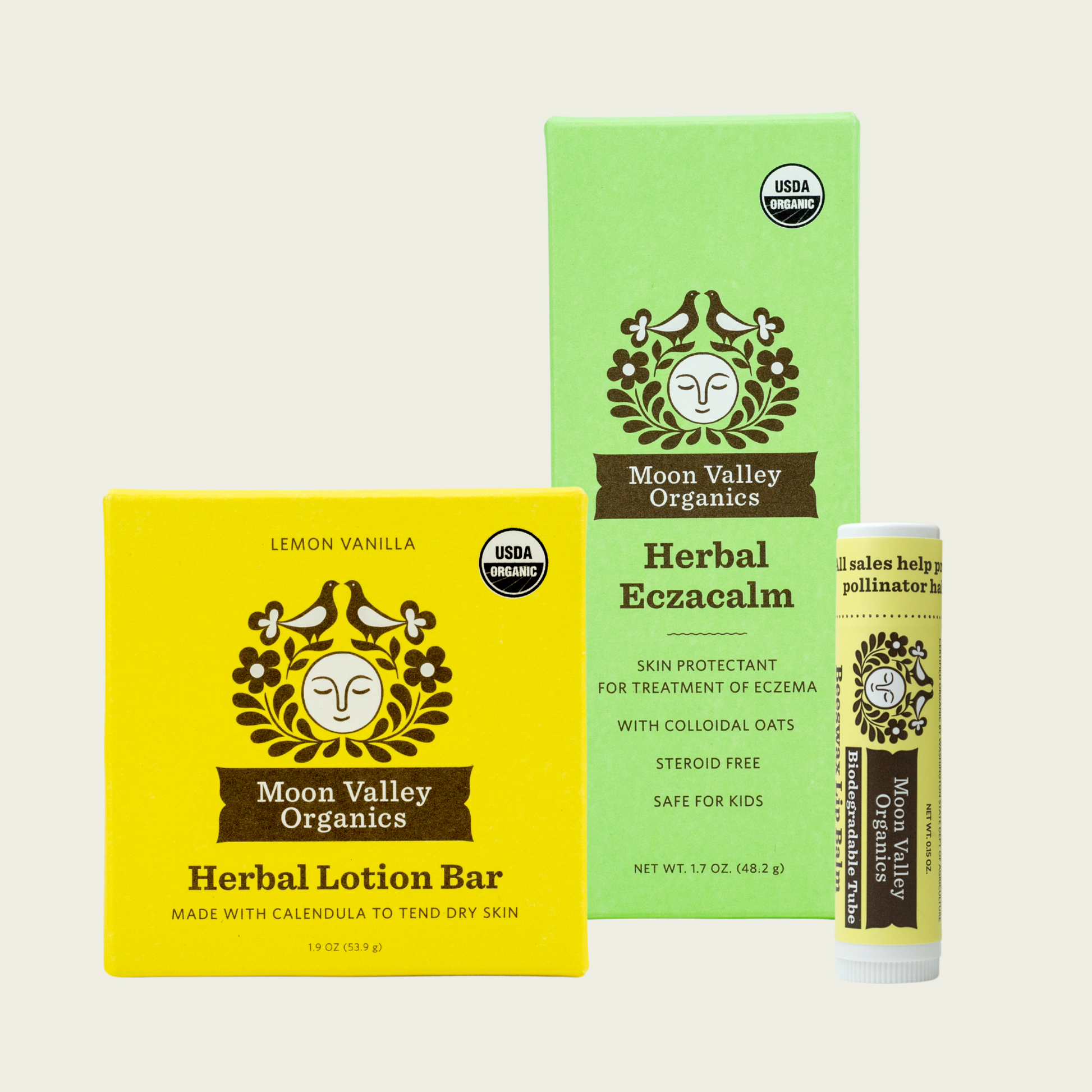 Moon Valley Organics Natural Body Collection Herbal Eczacalm with Lip Balm and Lotion Bar Front Boxes