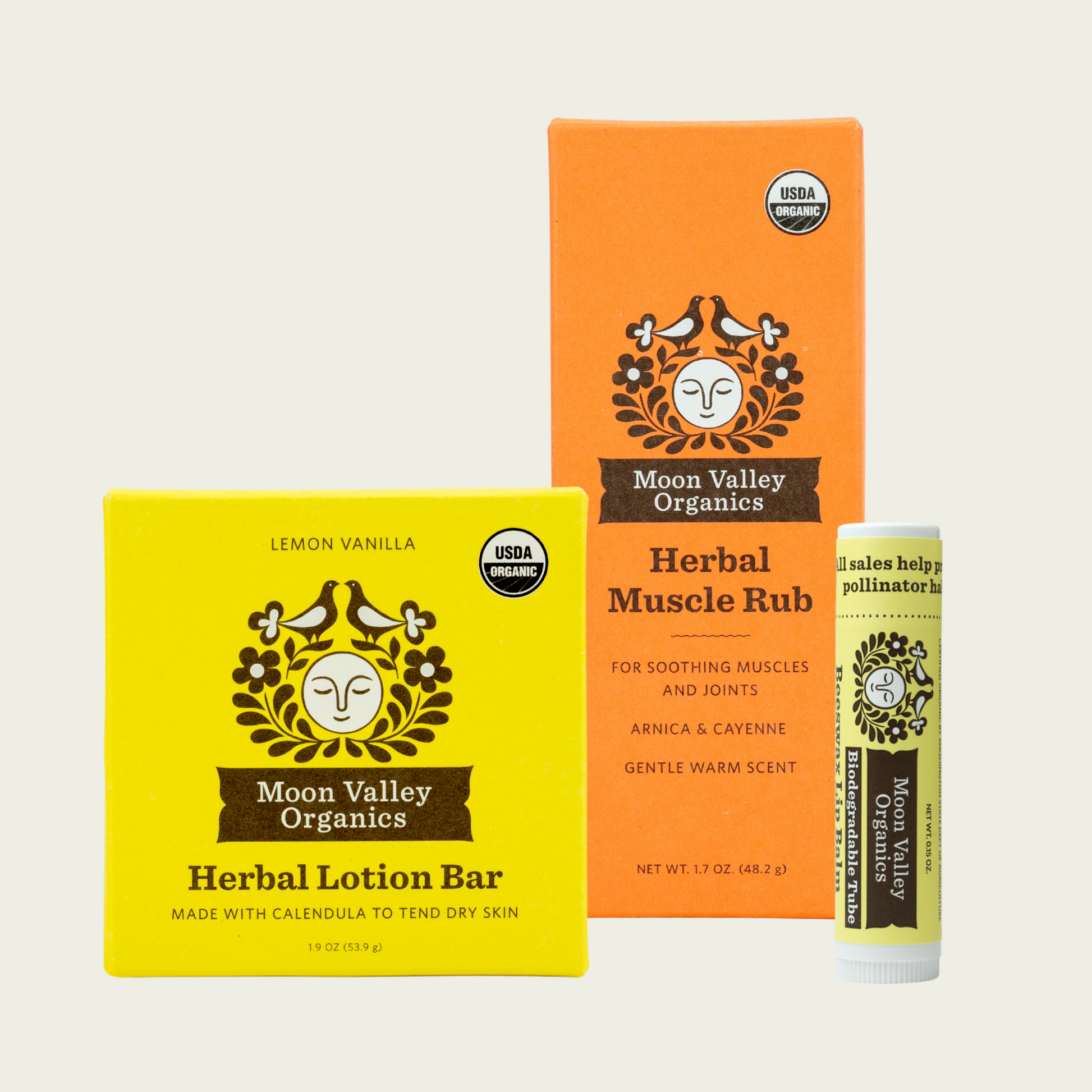 Moon Valley Organics Natural Body Collection Herbal Muscle Rub with Lip Balm and Lotion Bar Front Boxes
