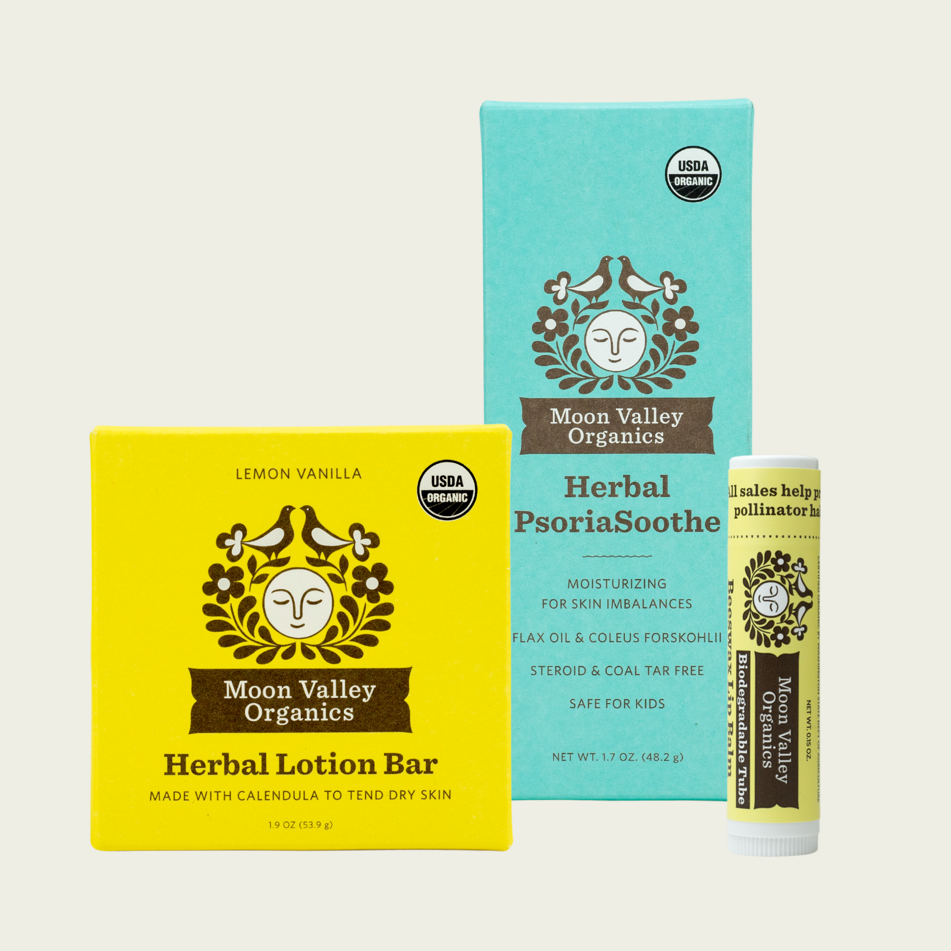 Moon Valley Organics Natural Body Collection Herbal PsoriaSoothe with Lip Balm and Lotion Bar Front Boxes