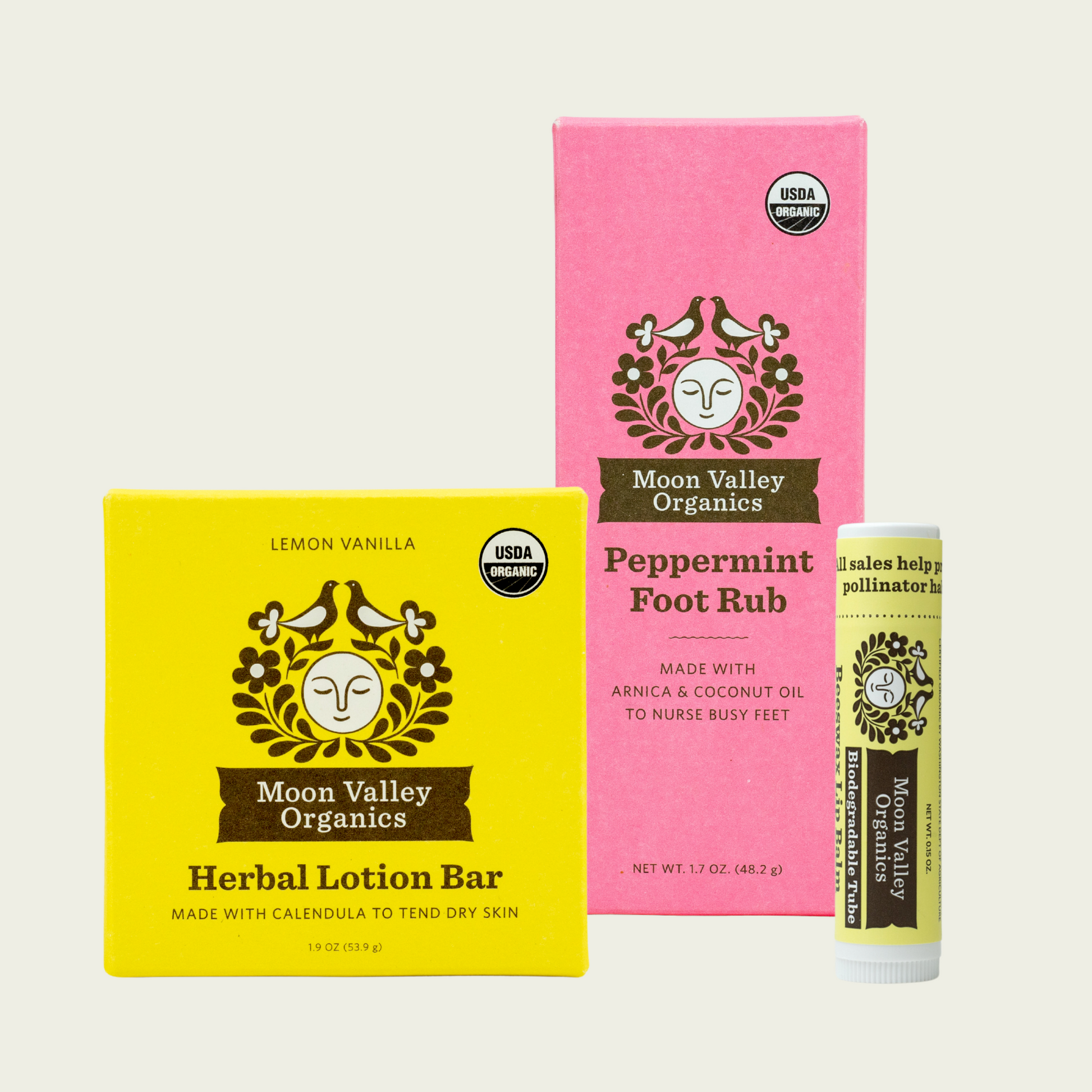 Moon Valley Organics Natural Body Collection Peppermint Foot Rub with Lip Balm and Lotion Bar Front Boxes