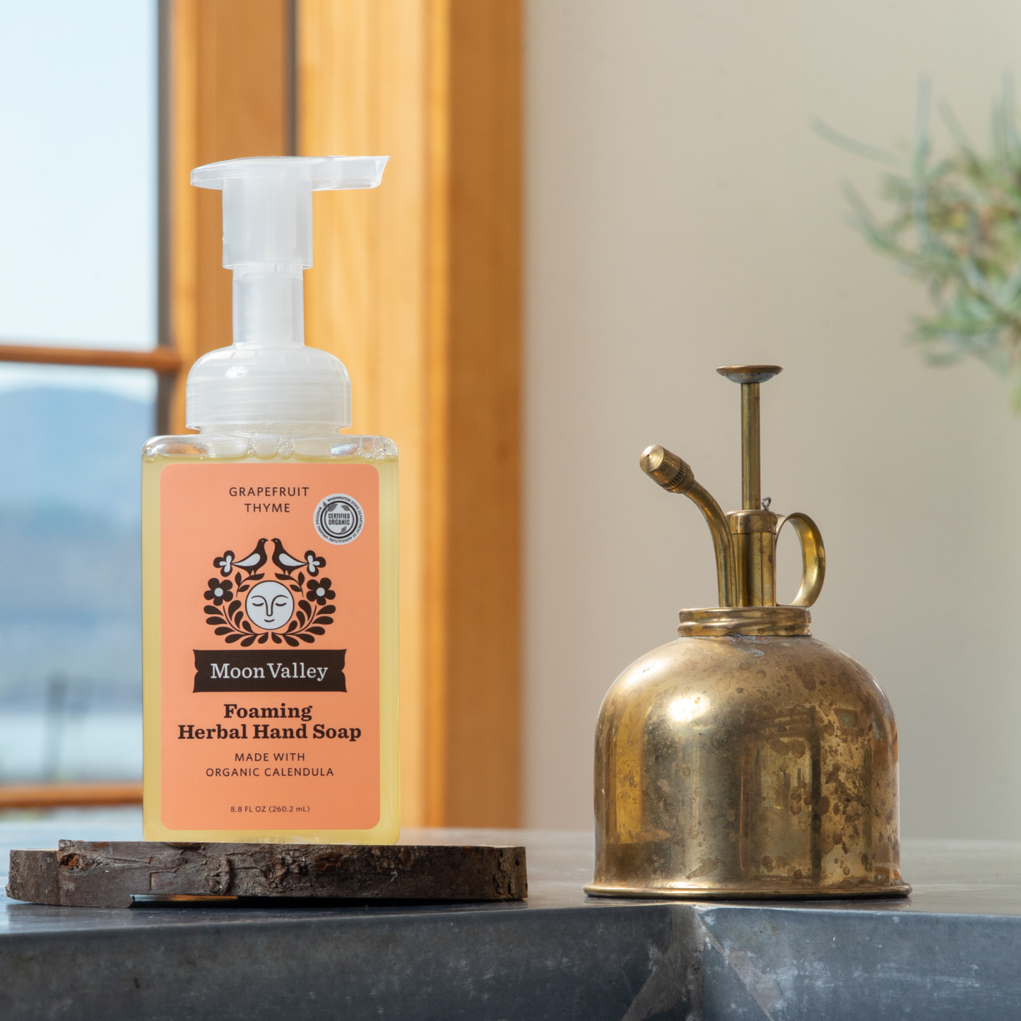 Moon Valley Organics Foaming Herbal Hand Soap Front Dispenser Bottle Grapefruit Thyme on a kitchen sink 