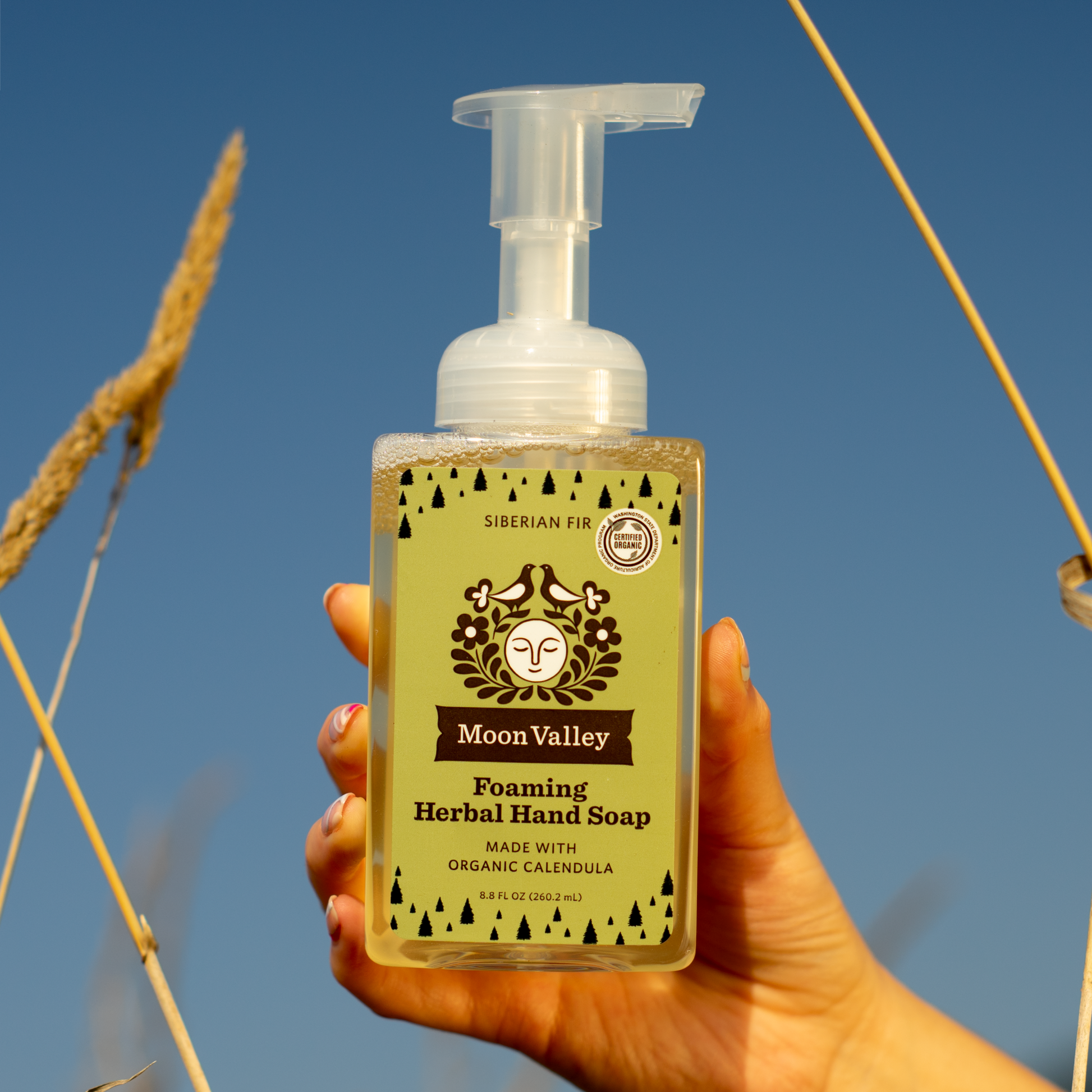 Moon Valley Organics Hand Holding Foaming Herbal Hand Soap Front Dispenser Bottle Siberian Fir