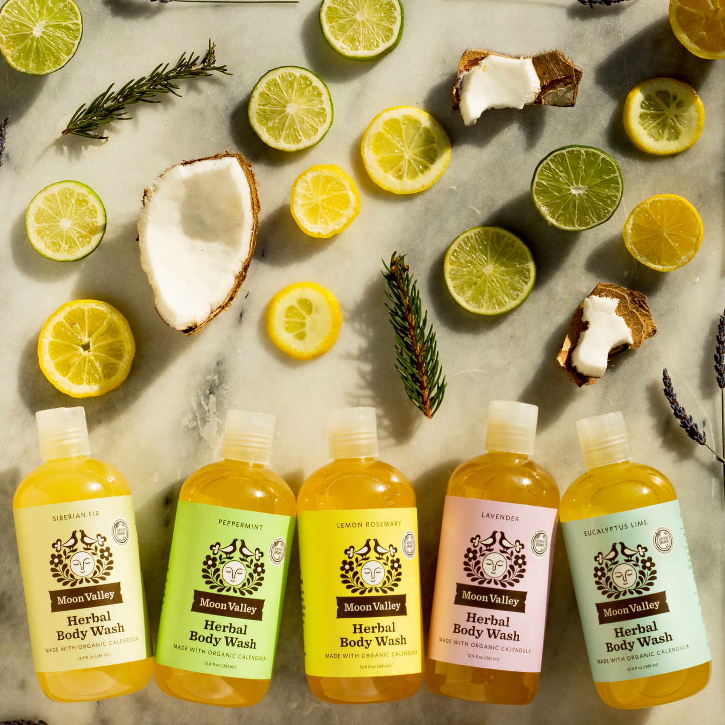 Moon Valley Organics Herbal Body Wash All scents with pieces of coconut and lemon and lime and fir branches